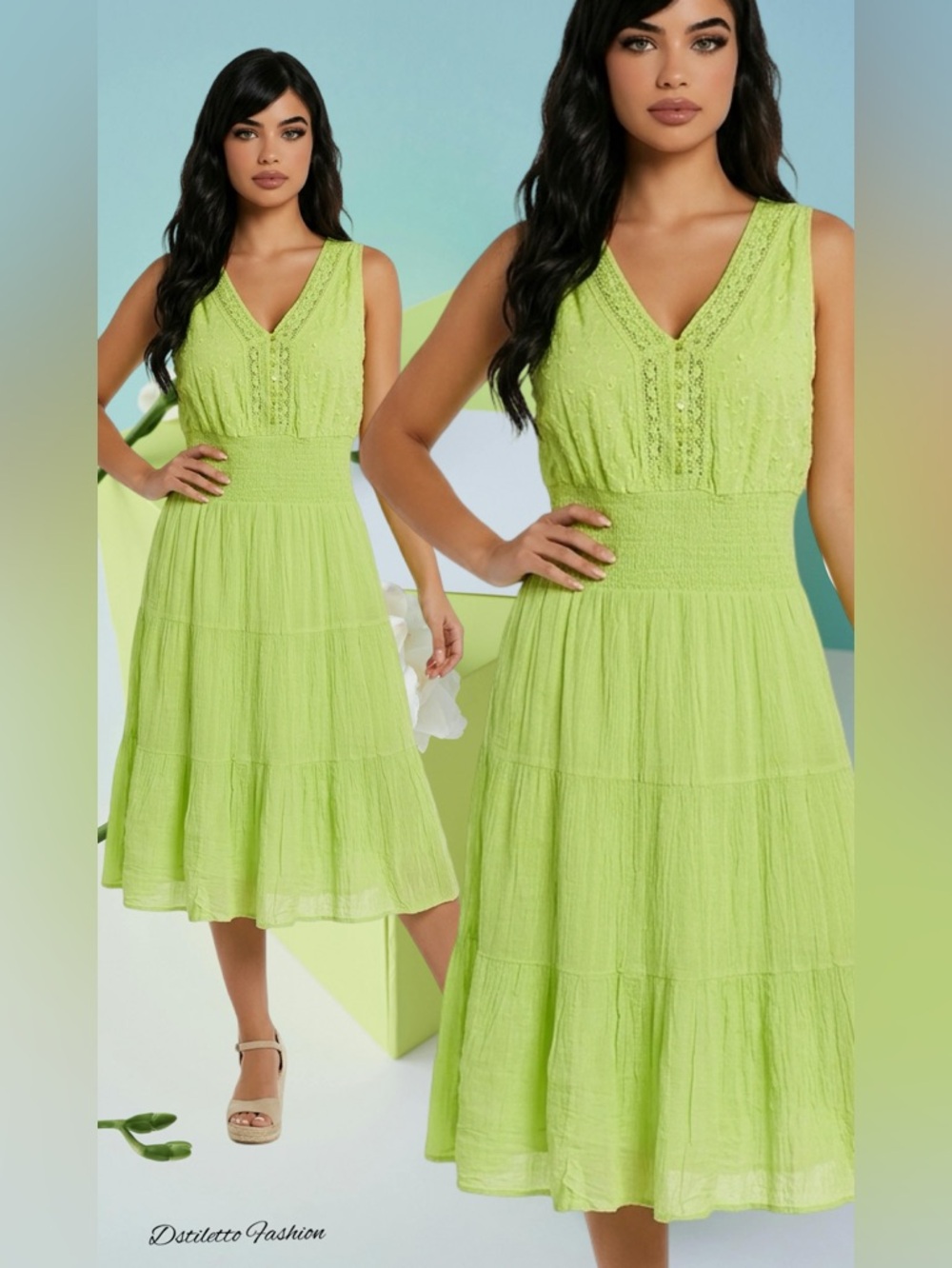 🛍️ MLLE GABRIELLE Lime Green Crinkle Pearl Tiered Smocked Bodice Midi Dress 1X